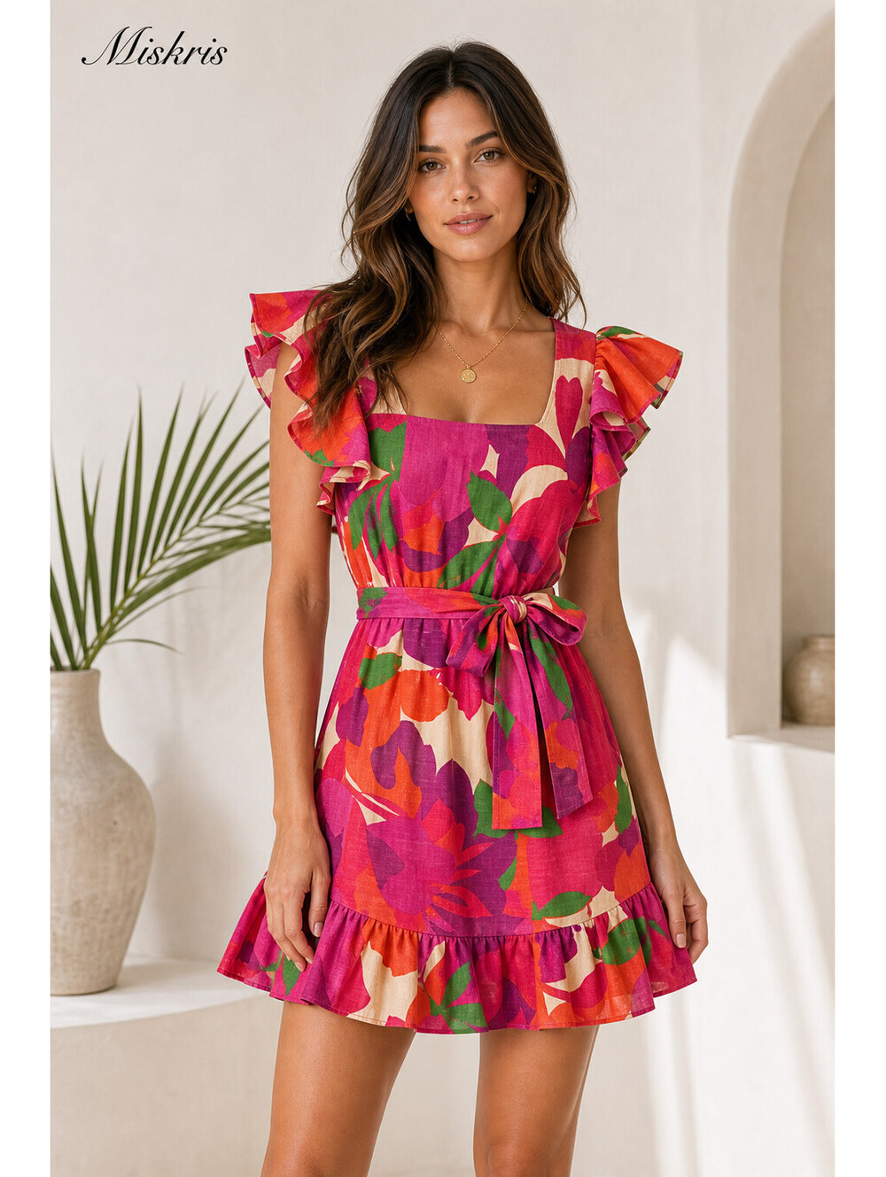 MISA Los Angeles Floral Mini Dress Pink Orange Ruffle Sleeve Tie Back NWT